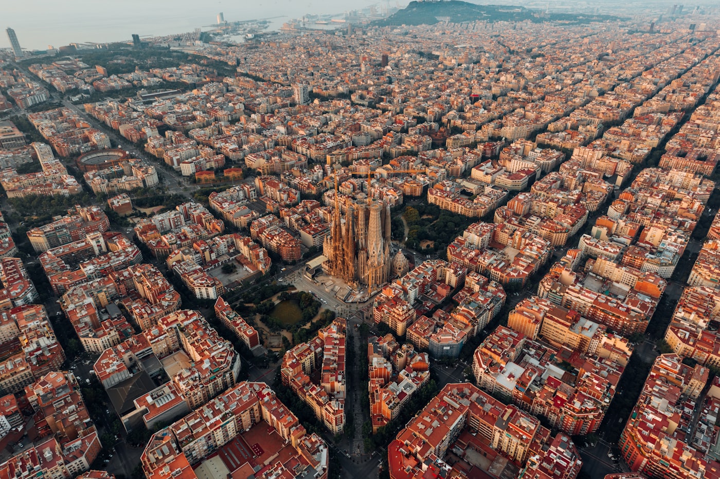 The Sagrada Família rising above Barcelona's grid of city blocks
